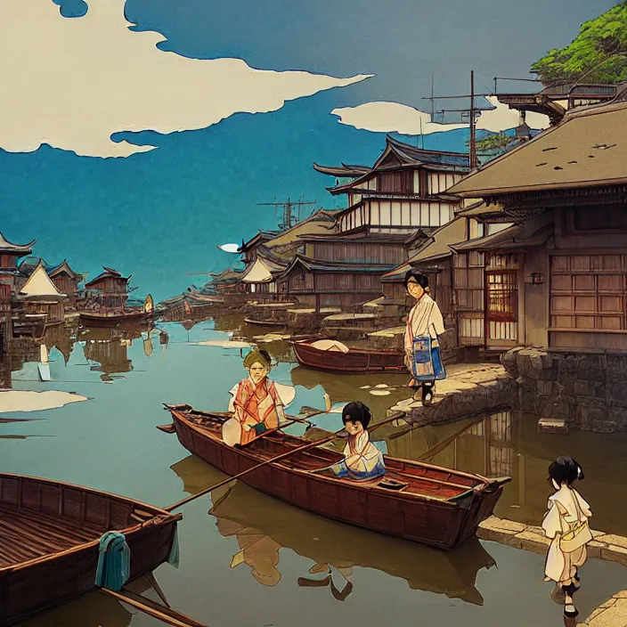 Prompt: japanese fishing village, spring, in the style of studio ghibli, j. c. leyendecker, greg rutkowski, artem