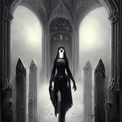 Image similar to By Tom Bagshaw, ultra realist soft painting of a gothic crypt by night, Gothic fully armored female, horror, omnious sky, symmetry accurate features, very intricate details, black and white, volumetric light clouds