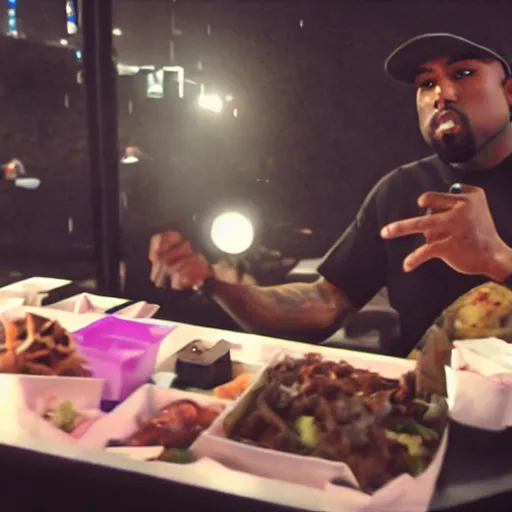 Image similar to blurry, gopro footage of kanye west eating at taco bell, cinematic, volumetric lighting, night, rain