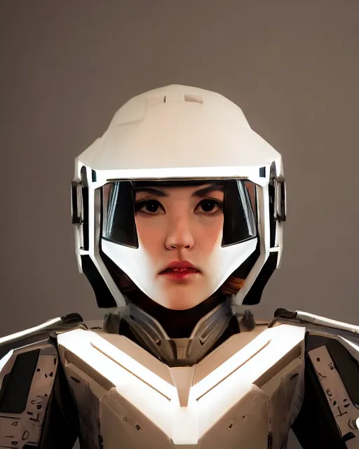 Prompt: centered medium shot fine studio photograph of a beautiful girl wearing only a mecha electronic Apache helmet with bright lights, ultra-realistic, white background, 8k HDR sunset lit, intricate