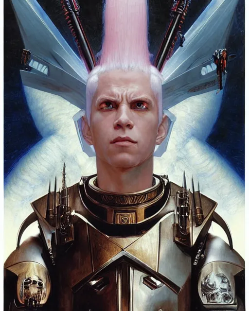 Image similar to portrait of mark walhberg goth cyborg with white hair in warhammer armor, art by kuvshinov ilya and wayne barlowe and gustav klimt and artgerm and wlop and william - adolphe bouguereau, movie poster, epic cinematic