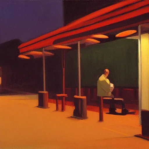 Image similar to a some people waiting in a lone bus stop in quiet dark city night painted by Alex Katz and Edward Hopper, high quality, high resolution,detailed