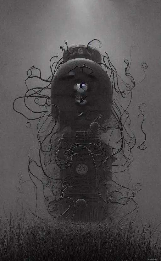 Image similar to thomas the tank engine in style of zdzisław beksinski, extremely dramatic lighting, 8 k, tendrils, black, darkness, black slime tendrils, infected, rust, body horror, thomas the train, thomas the tank engine face, horror,