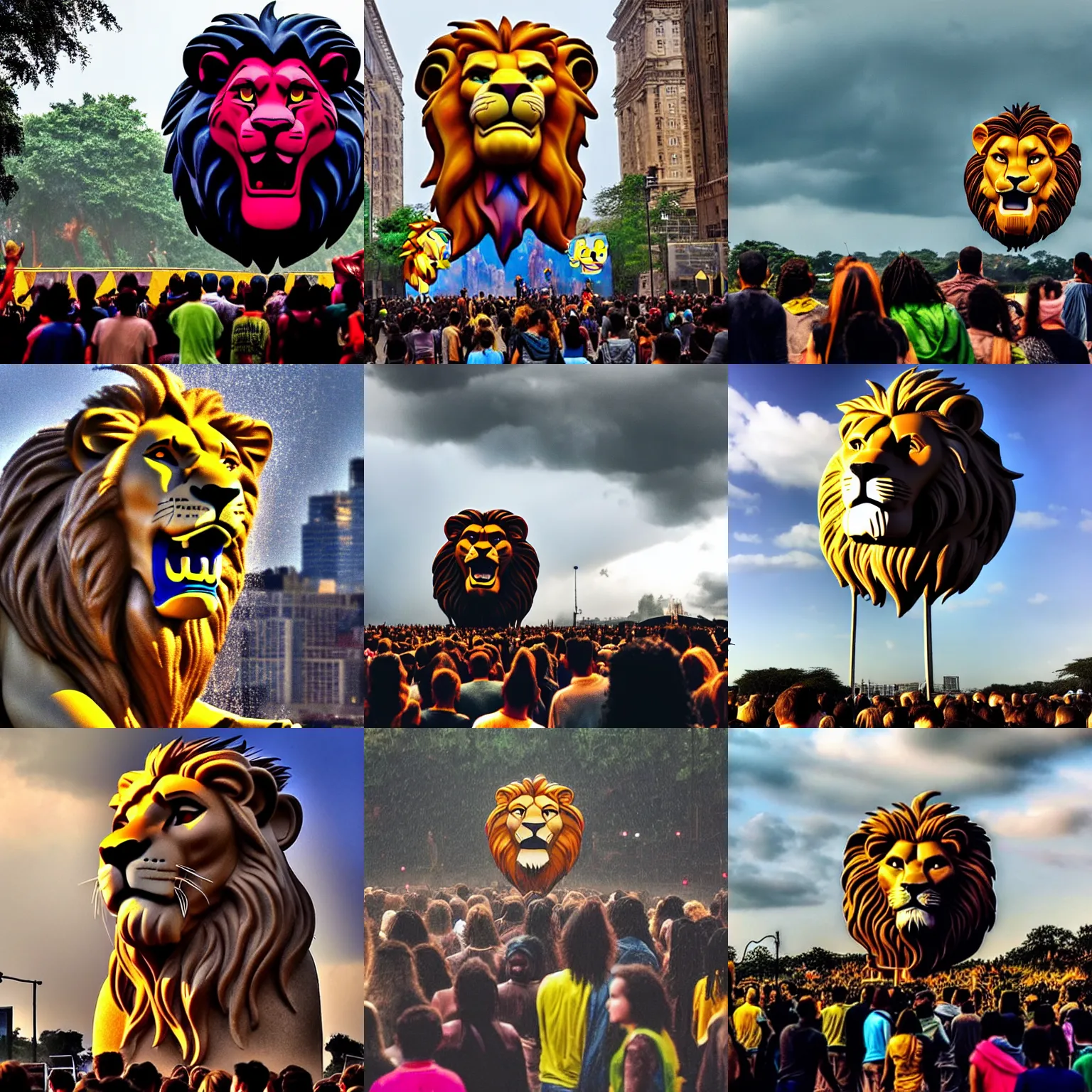 Image similar to people standing in the toxic rain worship the giant cartoon lion head of king mufasa fly from the epic magical skies, king mufasa fly in sky