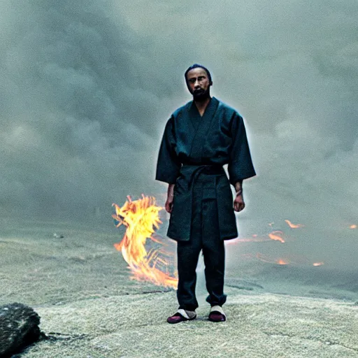 Prompt: cinematic film still of Kendrick Lamar starring as a Japanese Sensei with fire, Japanese CGI, VFX, 2003, 40mm lens, shallow depth of field, film photography