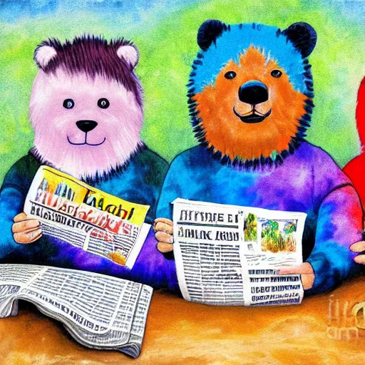 Image similar to 3 bears in tie dye shirts reading newspapers in a cottage, highly detailed, childrens fairy tale, portrait painting, illustration by scott gustafson