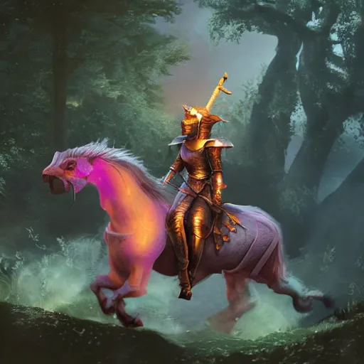 Image similar to female knight riding a chimera, holding a violet torch that lights up the dark forest during the night photorealistic