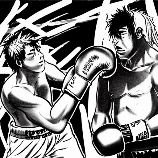 Prompt: a violent boxing match, a boxer punches a boxer in the face, anime, manga panel, masterpiece, by joji morikawa, 4 k wallpaper, ink and screentone, bloody, detailed faces, anime style faces, hajime no ippo inspired
