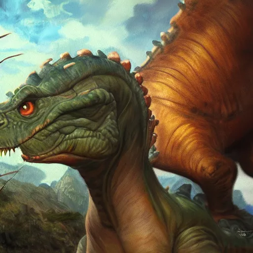 Prompt: An ultra realistic portrait painting of Yoshi the Dinosaur in the style of Frank Frazetta, 4k, Ultrarealistic, Highly Detailed, Dark Fantasy, Epic Lighting