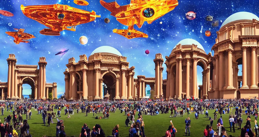 Prompt: the san francisco palace of fine arts during the multiverse futuristic fair, spaceships flying, realistic painting