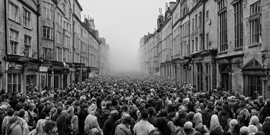 Image similar to crowds of people in the streets of Oxford England 1810, ight, ominous, light mist, light rain, Canon 5D, DSLR, 8k, photo, by Laurence Norah and Luke Stackpoole, unreal engine, ray tracing, cgsociety, artstation