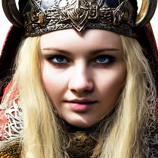 Image similar to beautiful Viking princess with ornate cloak, highly detailed, 4k, HDR, smooth, sharp focus, photo-realistic, high resolution, award-winning, macro 20mm, headshot