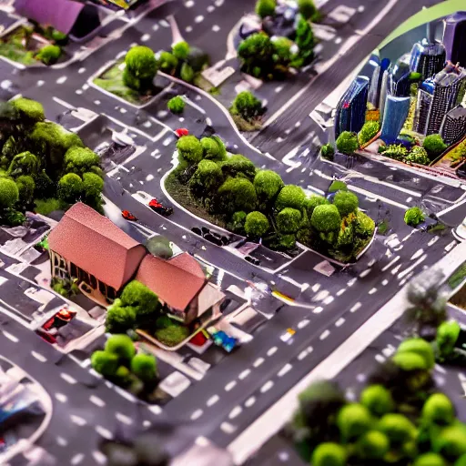 Image similar to a detailed photo of a diorama city, macro photography, zoom, model trees, table, studio lighting