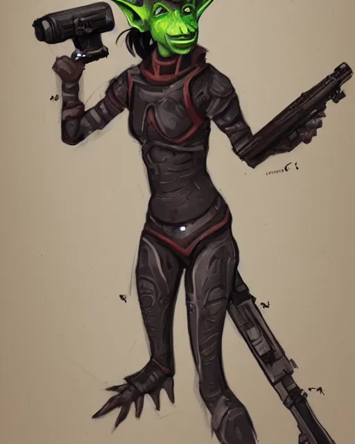 Prompt: sci fi goblin girl holding a laser rifle, concept art, full body