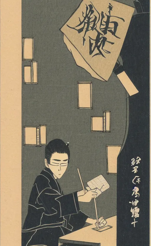 Image similar to by akio watanabe, manga art, a male calligrapher writing next to a lamp, inside japanese castle, trading card front, realistic anatomy