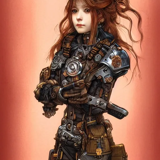 Image similar to portrait of a girl by ayami kojima, scottish, she is about 2 0 years old, wavy redhead, annoying little sister vibes, she is wearing a steampunk tactical gear, highly detailed portrait, digital painting, artstation, concept art, smooth, sharp foccus ilustration, artstation hq