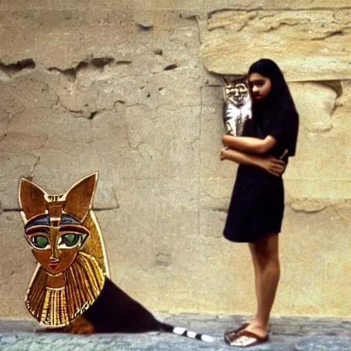 Image similar to hd photo of the egyptian goddess bast in modern cairo. goddess with a cat's head. high - quality candid photography, cinestill 5 0 0