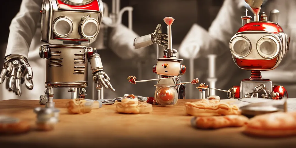 Image similar to closeup portrait of tin toy retro robot chef cooking pastry in a chemical lab, depth of field, zeiss lens, detailed, centered, fashion photoshoot, by nicoletta ceccoli, mark ryden, lostfish, breathtaking, 8 k resolution, extremely detailed, beautiful, establishing shot, artistic, hyperrealistic, octane render