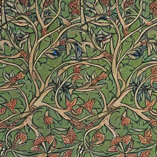 Prompt: william morris wallpaper of tree of life motif.