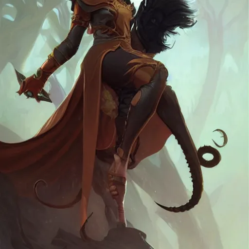 Prompt: Tiefling with tail D&D, fantasy highly detailed, digital painting, artstation, concept art, sharp focus, illustration, art artgerm by greg rutkowski and alphonse mucha