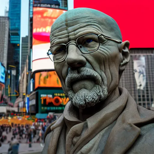 Image similar to extreme long - shot photograph of a renaissance clay sculpture of walter white wearing a phrygian cap in front of times square, made by michelangelo, very detailed, sharp focus, 8 k resolution, ray tracing