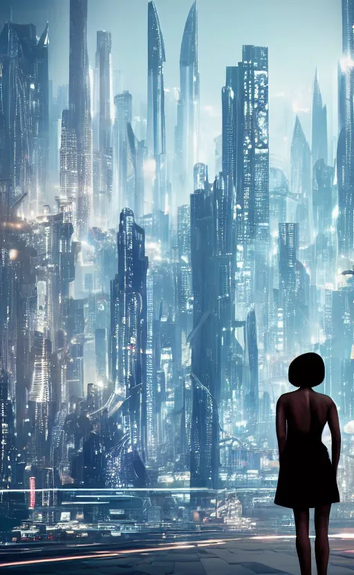 Image similar to an elegant Black woman in dress and heels, her back is to us, looking at a futuristic Blade Runner city,