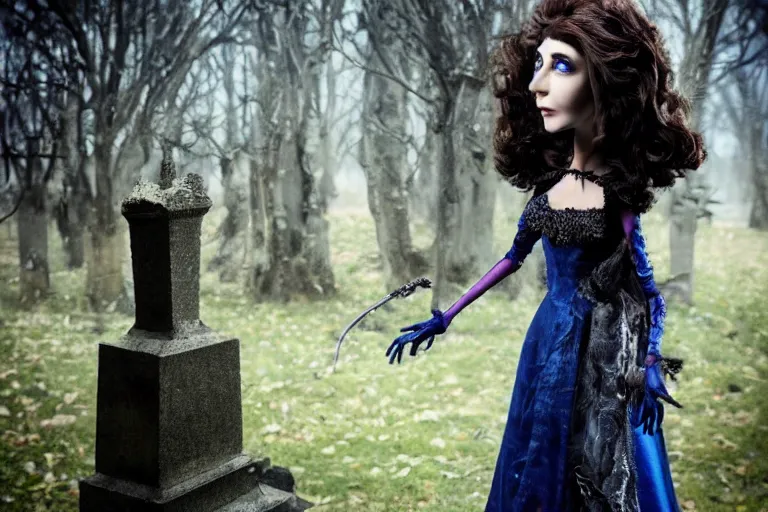 Prompt: photo taken of an epic intricate, ultra detailed, super realistic stop motion puppet of a majestic gracious regal aristocratic brunette female vampire in a graveyard filmset created by weta workshop directed by tim burton, menacing, close up shots, moody night time scene, photorealistic, sharp focus, gloomy, extremely cold blueish colour temperature, 3 5 mm, f 1. 4