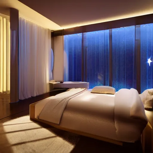 Prompt: luxurious bedroom at night, highly detailed, light coming from door, futuristic