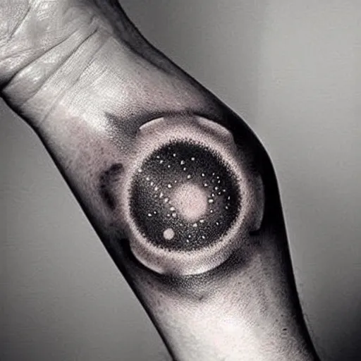 Prompt: a small black tattoo based on the universe on the arm, whole tattoo, realistic, very detailed