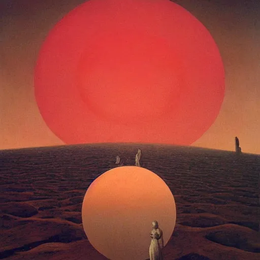 Prompt: two psychopaths cross the desert with a giant sun in the sky burning everything around them painting by Zdzisław Beksiński