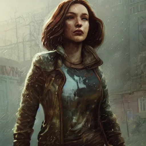 Image similar to fallout 5, charismatic beautiful rugged brunette female protagonist, portrait, outdoors ruined cityscape, atmospheric lighting, painted, intricate, volumetric lighting, beautiful, daytime, sunny weather, slight overcast, sharp focus, deep colours, ultra detailed, by leesha hannigan, ross tran, thierry doizon, kai carpenter, ignacio fernandez rios