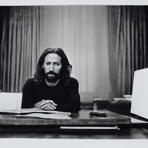 Image similar to Annie Leibovitz portrait of Jesus Christ behind executive desk 35mm, black and white, portrait,