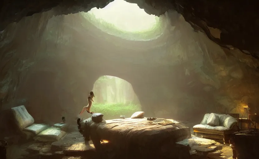 Prompt: painting of an interior of a cozy bedroom in a cave, small hot spring and lush garden outside, natural light, fantasy, natural light, concept art, by greg rutkowski and craig mullins, cozy atmospheric and cinematic lighting, trending on artstation
