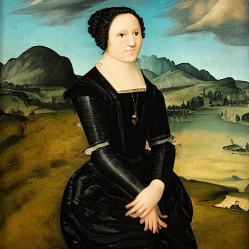 Image similar to young woman from the year 1 5 0 0, seated in front of a landscape background, her black hair is fine curly from the year 1 5 0 0, she wears a dark green dress pleated in the front with yellow sleeves, puts her right hand on her left hand and smiles slightly, oil painting