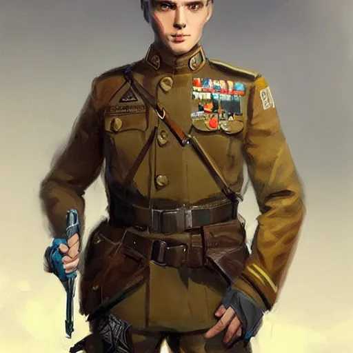 Prompt: Young man with blue eyes and brown hair, wearing a military uniform, by Greg Rutkowski, matte painting, trending on artstation