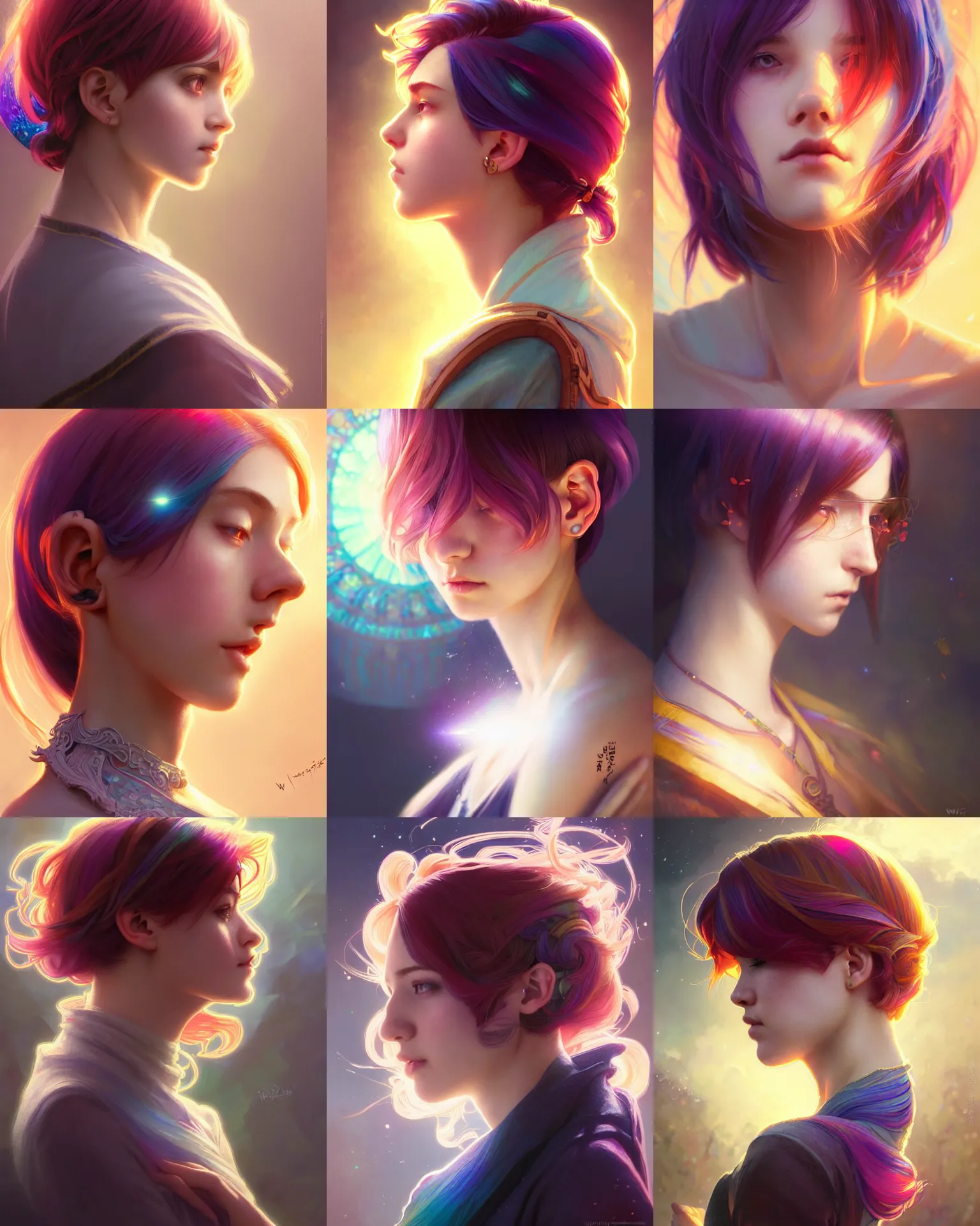 Prompt: side portrait of a university young female, magic school, multi colored hair, short hair style, intricate, sharp focus, lens flare, bloom, rim light, illustration, highly detailed, digital painting, concept art, matte, art by wlop and ross tran and artgerm and greg rutkowski and alphonse mucha, masterpiece