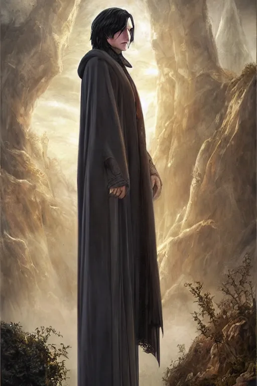 Prompt: breathtaking detailed painting of young severus snape with long cloak in an amethyst tower, by laura sava, intricate cloak of sunlight mists, piercing eyes, detailed realistic facial features, 8 k, concept art, matte, sharp focus, rembrandt style