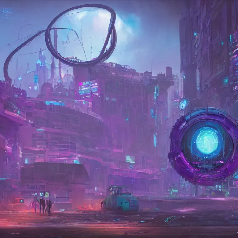 Prompt: a circle portal structure, cyberpunk, epic surrealism, indigo, purple, cyan, detailed digital matte painting in the style of simon stalenhag and painting by ralph mcquarrie