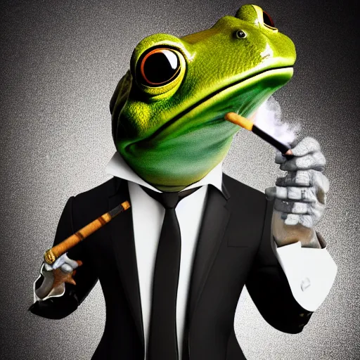 Image similar to a high quality photo of an antropomorphic frog wearing a suit smoking a cigar, 3d scene, render, ultra realistic, artstation, cgsociety