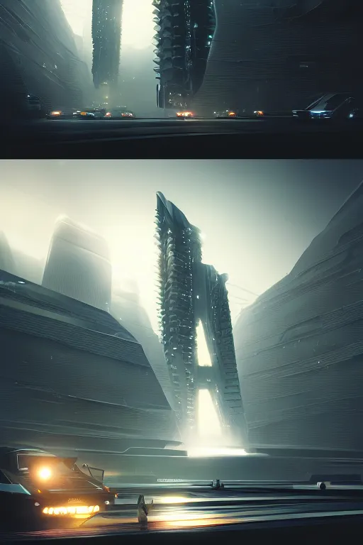Image similar to zaha haddi building in the middle of a bladerunner scene, trending on artstation, featured on behance