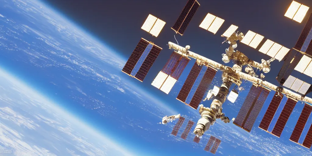 Image similar to a detailed sketch of the international space station, with the sun reflecting off of it's windows, various refining methods, micro macro autofocus, ultra definition, cinematic