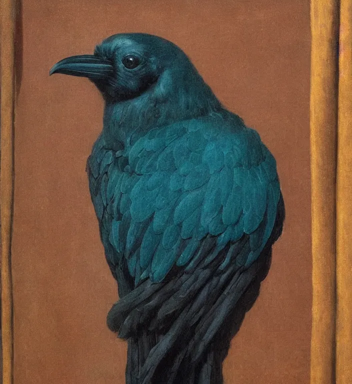 Image similar to a beautifully photoreal clear detailed victorian portrait of a close up raven on a victorian windowsill with an ornate velvet dark teal curtain at beautiful sunset daytime nature sunlit painting by frederic leighton and turner and morris and rosetti, humerous, cheeky, 8 k, octane render