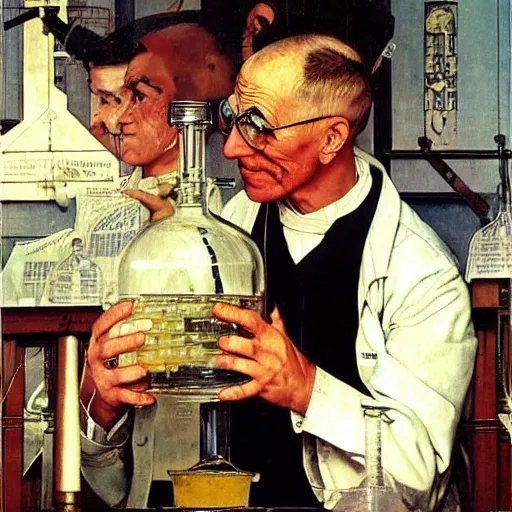 Image similar to male scientist holding a beaker next to a church altar with a child on it, painting by norman rockwell