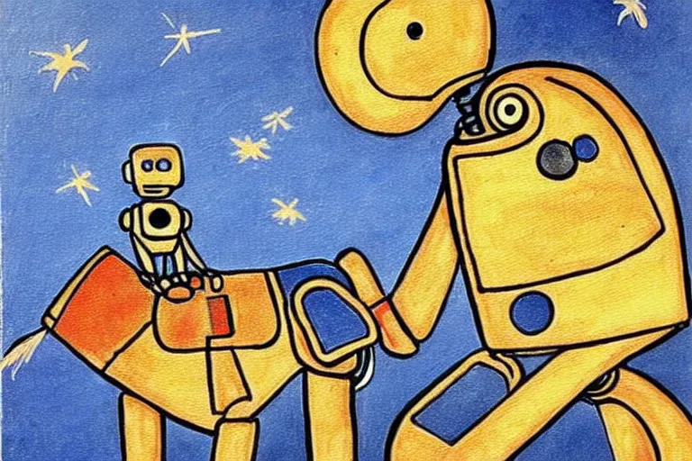 Image similar to a detailed painting of a ( ( ( ( ( boy and his robot dog ) ) ) ) ) by antoine de saint - exupery!!!!!!!!!!!!!!