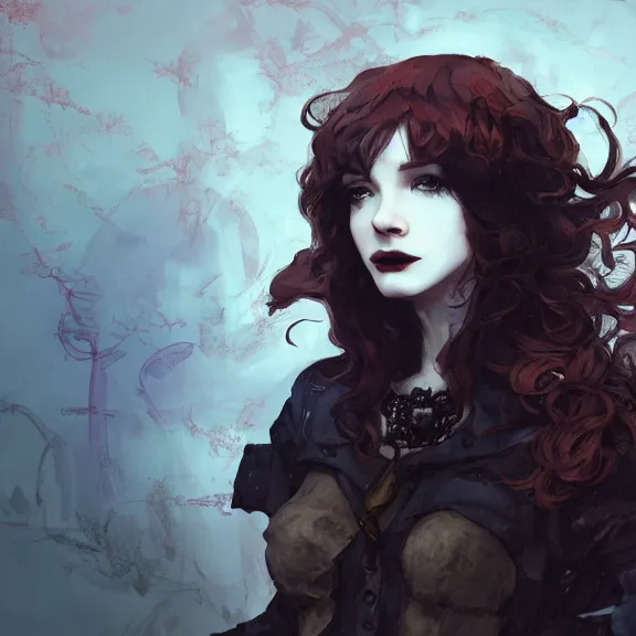 Image similar to christina hendricks!!!!! goth!!!!!, tankoban, 4 k, tone mapping, akihiko yoshida, james jean andrei riabovitchev marc simonetti, yoshitaka amano, long hair, curly, h. hydrochaeri