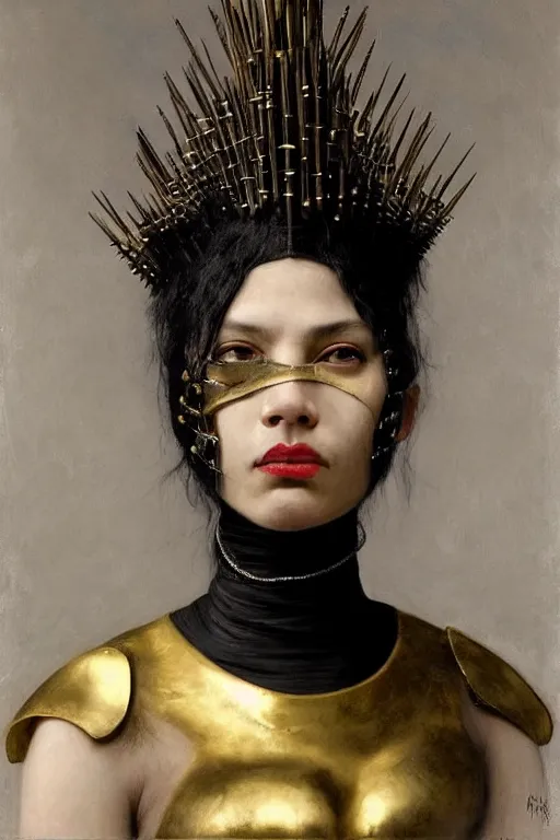 Prompt: portrait of a warrior woman, mulatto, crossbreed, metis very beautiful face, pleasant facial features, red lips, long gray hair, black closed velvet dress, leather armor, iron armor, white boots, alexander mcqueen clothes, gold mask with metal spikes on the face, very beautiful style, photorealism, bouguereau, edgard maxence