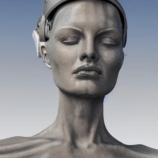 Image similar to the head of a marble cybernetic lady justice statue wearing a virtual reality headset on ground covered in sand, cyberpunk background, highly detailed, epic lighting, hyper photorealism, 8 k