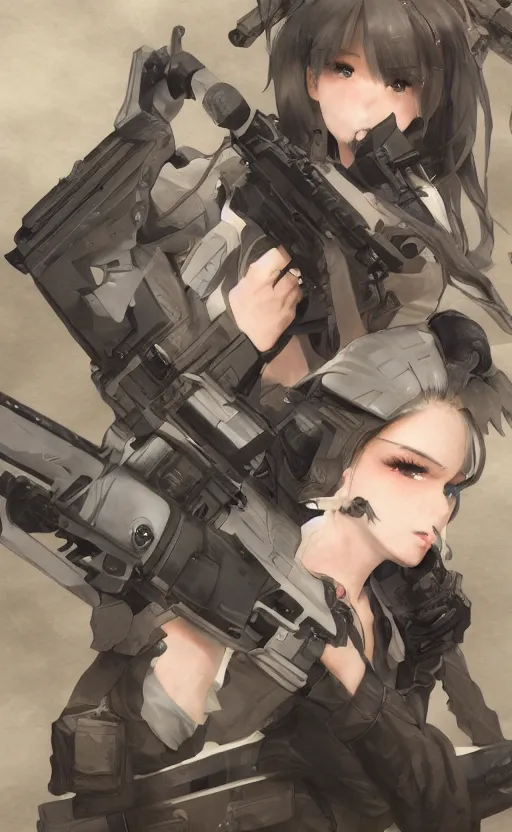 Image similar to highly detailed, high resolution, character design art, stunning, volumetric lightning, realistic guns, girls frontline style, matte, sharp focus, 150mm, illustration, artstation, by yusuke kozaki, professional result, realistic human anatomy, simple design, realistic military gear