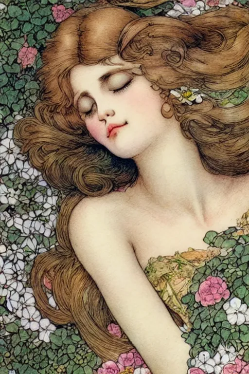 Image similar to closeup face shot of sleeping woman with long hair on a bed surrounded by ivy and flowers, fantasy art, trending on artstation, sleeping beauty fairytale, art by hans zatzka and walter crane and kay nielsen, watercolor illustration,