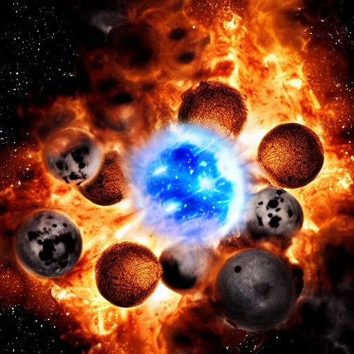 Image similar to army of balls with universes inside, hubble background, amazing, fire, 5 5 mm